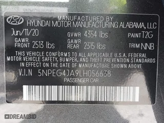 2020 Hyundai Sonata SE with VIN 5NPEG4JA9LH056638, listed as a IAAI auction lot 39818671 with 52,570 mi miles. Bid and sale history available at carsss.com. Image 9.