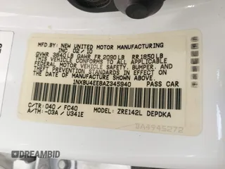 2010 Toyota Corolla with VIN 1NXBU4EE8AZ345940, listed as a IAAI auction lot 42272720 with 160,342 mi miles and . Bid and sale history available at DreamBid. Image 9.