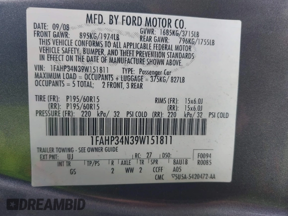 2009 Ford Focus S with VIN 1FAHP34N39W151811, listed as a IAAI auction lot 41911138 with 125,325 mi miles. Bid and sale history available at carsss.com. Image 9.