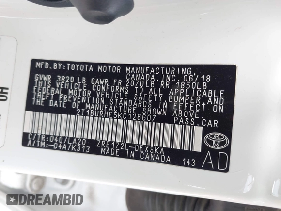 2019 Toyota Corolla L z VIN 2T1BURHE5KC126607, wystawiony jako IAAI lot #41859974 z przebiegiem 57 243 mil mil oraz . Historia ofert i sprzedaży dostępna na DreamBid. Obrazek 9.
