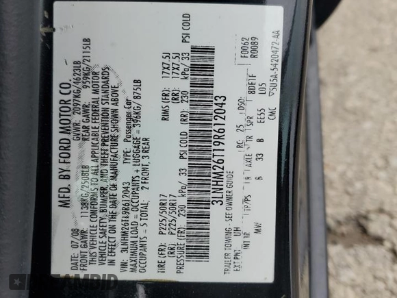2009 Lincoln MKZ with VIN 3LNHM26T19R612043, listed as a Copart auction lot 58505655 with 103,161 mi miles and Salvage title. Bid and sale history available at DreamBid. Image 11.