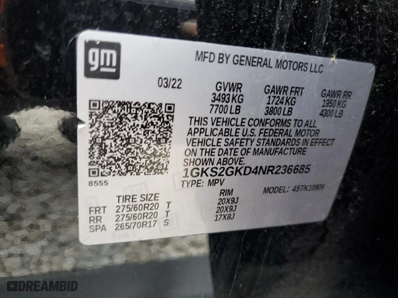 2022 GMC Yukon XL SLT with VIN 1GKS2GKD4NR236685, listed as a Copart auction lot 46396965 with 70,093 mi miles and Non Repairable. Bid and sale history available at carsss.com. Image 14.