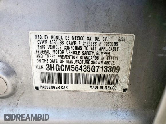 2005 Honda Accord LX with VIN 3HGCM56435G713309, listed as a Copart auction lot 60854495 with 237,574 mi miles and Clean title. Bid and sale history available at DreamBid. Image 12.