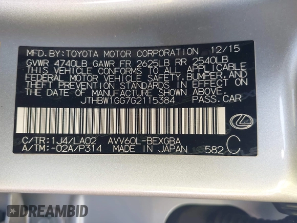 2016 Lexus ES 300h z VIN JTHBW1GG7G2115384, wystawiony jako IAAI lot #42103591 z przebiegiem 86 598 mil mil oraz . Historia ofert i sprzedaży dostępna na DreamBid. Obrazek 9.
