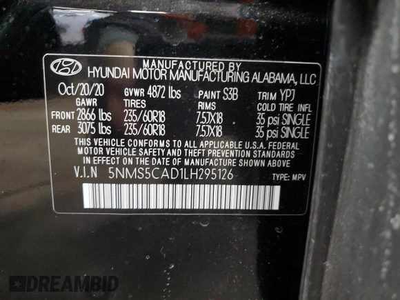 2020 Hyundai Santa Fe Limited with VIN 5NMS5CAD1LH295126, listed as a Copart auction lot 47003355 with 0 mi miles and Salvage Title. Bid and sale history available at carsss.com. Image 13.