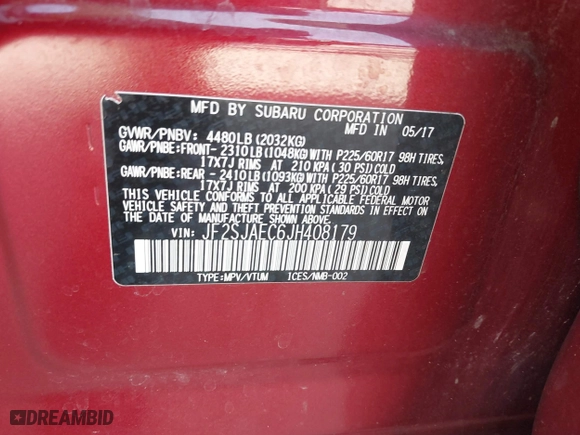 2018 Subaru Forester Premium with VIN JF2SJAEC6JH408179, listed as a IAAI auction lot 42007138 with 85,887 mi miles. Bid and sale history available at carsss.com. Image 9.