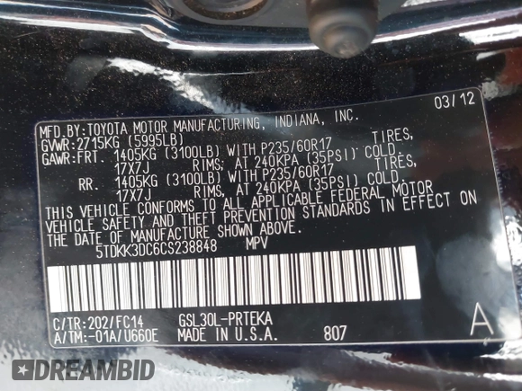 2012 Toyota Sienna LE AAS with VIN 5TDKK3DC6CS238848, listed as a IAAI auction lot 41728728 with 142,240 mi miles. Bid and sale history available at carsss.com. Image 9.