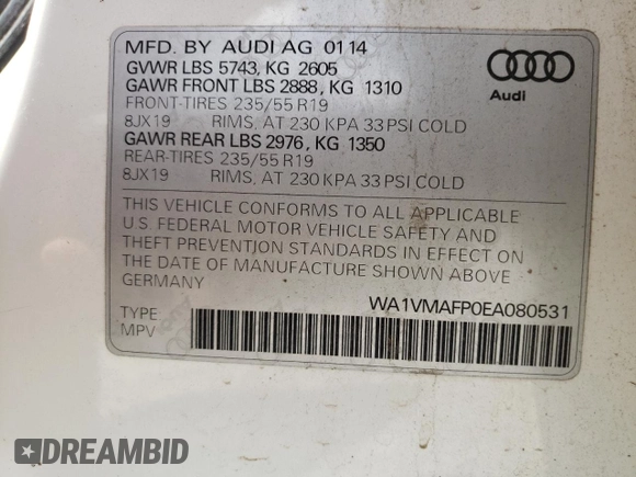 2014 Audi Q5 Prestige with VIN WA1VMAFP0EA080531, listed as a Copart auction lot 56994324 with 136,948 mi miles and Salvage title. Bid and sale history available at DreamBid. Image 12.