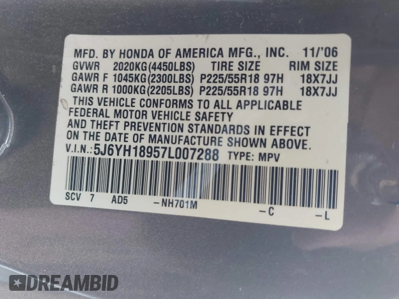 2007 Honda Element SC with VIN 5J6YH18957L007288, listed as a IAAI auction lot 41958653 with 153,331 mi miles and . Bid and sale history available at DreamBid. Image 9.