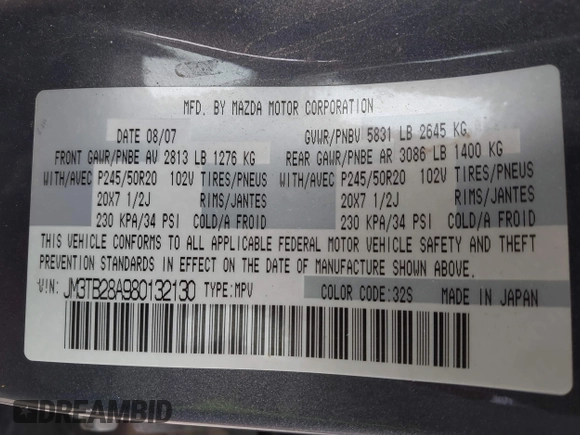 2008 Mazda CX-9 Touring with VIN JM3TB28A980132130, listed as a IAAI auction lot 41638252 with 176,199 mi miles and . Bid and sale history available at carsss.com. Image 9.