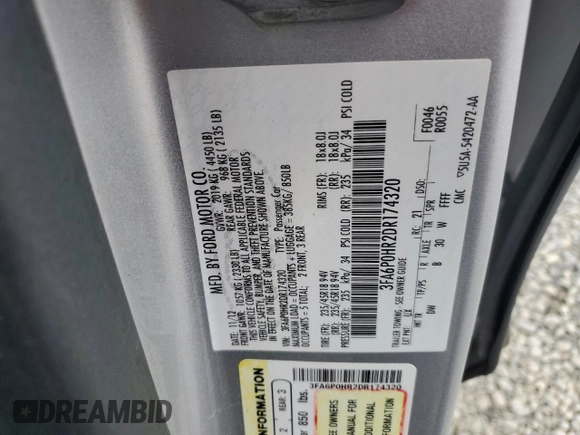 2013 Ford Fusion SE with VIN 3FA6P0HR2DR174320, listed as a Copart auction lot 56330385 with 127,301 mi miles and Salvage title. Bid and sale history available at DreamBid. Image 12.