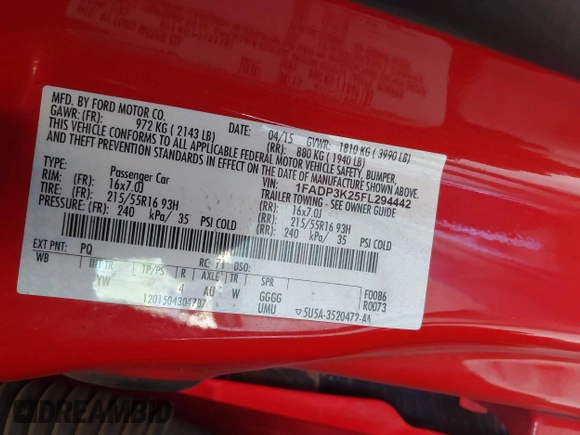 2015 Ford Focus SE with VIN 1FADP3K25FL294442, listed as a IAAI auction lot 42078572 with 127,523 mi miles. Bid and sale history available at carsss.com. Image 9.