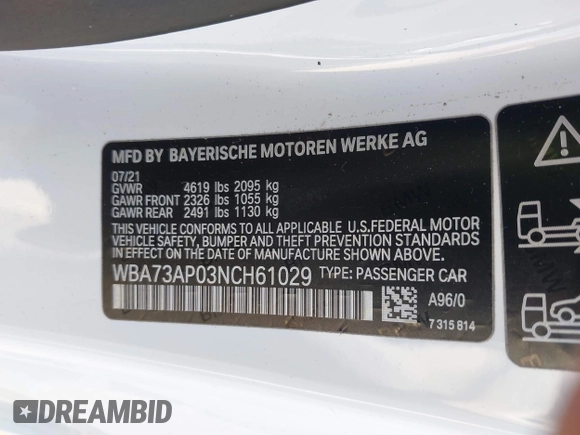 2022 BMW 4 Series 430i xDrive with VIN WBA73AP03NCH61029, listed as a IAAI auction lot 42327779 with 104,860 mi miles and . Bid and sale history available at DreamBid. Image 9.