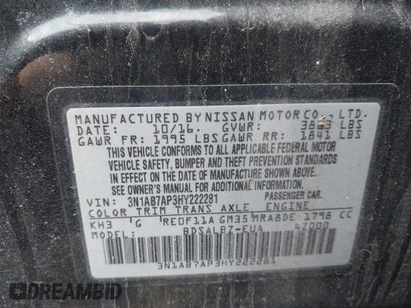 2017 Nissan Sentra S with VIN 3N1AB7AP3HY222281, listed as a IAAI auction lot 41984078 with 102,162 mi miles. Bid and sale history available at carsss.com. Image 9.