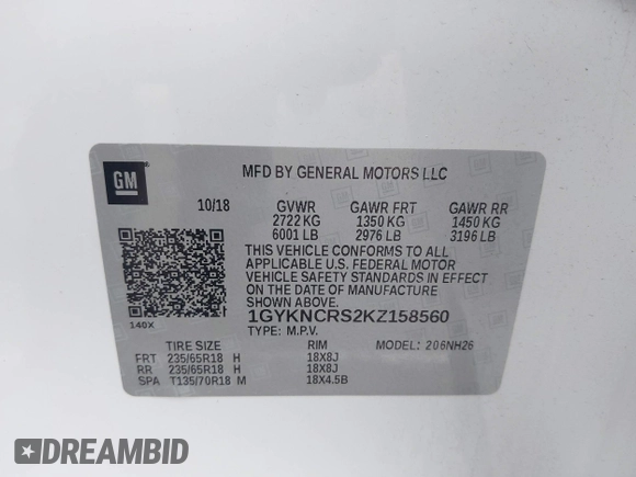 2019 Cadillac XT5 Luxury FWD with VIN 1GYKNCRS2KZ158560, listed as a IAAI auction lot 42067397 with 48,816 mi miles and . Bid and sale history available at DreamBid. Image 9.