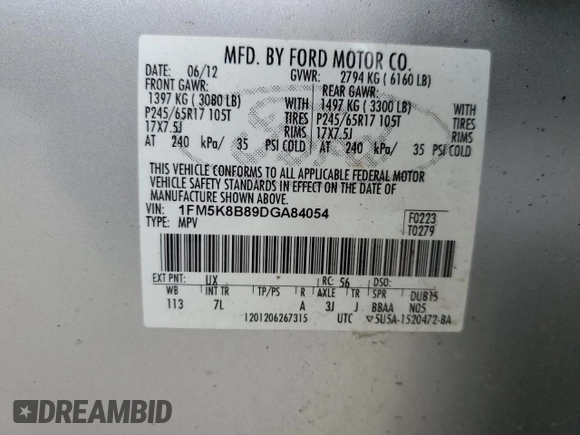 2013 Ford Explorer с VIN 1FM5K8B89DGA84054, выставлен на аукционе Copart как лот 57156655 с пробегом 113 475 миль миль и Списание • Salvage title. История ставок и продаж доступна на DreamBid. Изображение 13.
