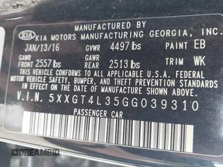 2016 Kia Optima LX with VIN 5XXGT4L35GG039310, listed as a IAAI auction lot 41910960 with 91,662 mi miles. Bid and sale history available at carsss.com. Image 9.