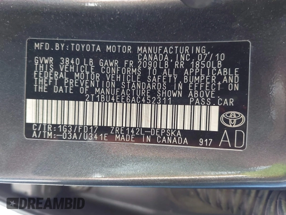 2010 Toyota Corolla with VIN 2T1BU4EE6AC452311, listed as a IAAI auction lot 42148627 with 217,921 mi miles. Bid and sale history available at carsss.com. Image 9.