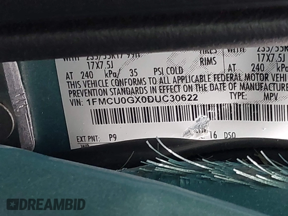 2013 Ford Escape SE with VIN 1FMCU0GX0DUC30622, listed as a IAAI auction lot 42281904 with 74,165 mi miles and . Bid and sale history available at DreamBid. Image 9.