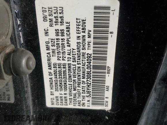 2008 Honda Element with VIN 5J6YH27308L004092, listed as a Copart auction lot 85789474 with 129,183 mi miles and Salvage Title. Bid and sale history available at DreamBid. Image 13.