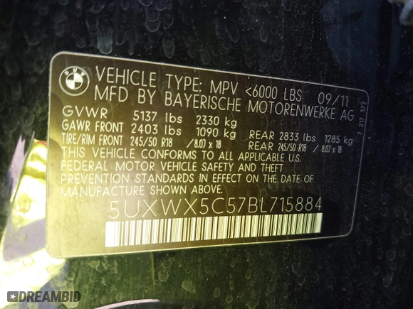 2011 BMW X3 28i with VIN 5UXWX5C57BL715884, listed as a IAAI auction lot 41969911 with 101,067 mi miles. Bid and sale history available at carsss.com. Image 9.