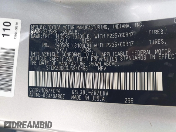 2018 Toyota Sienna LE Auto Access Seat with VIN 5TDKZ3DC0JS940186, listed as a IAAI auction lot 41991827 with 80,071 mi miles and . Bid and sale history available at DreamBid. Image 9.