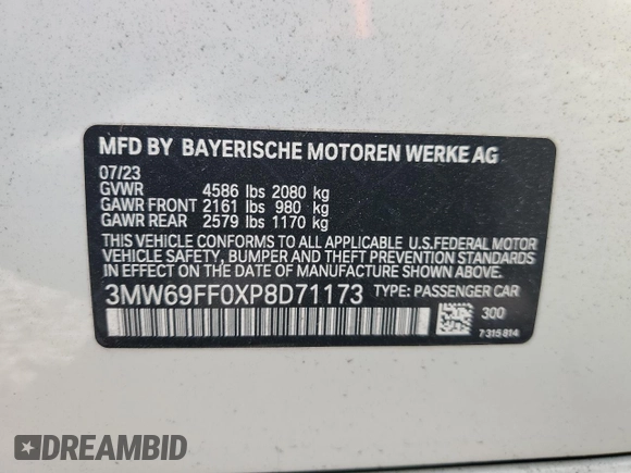 2023 BMW 3 Series 330i with VIN 3MW69FF0XP8D71173, listed as a Copart auction lot 52197215 with 2,290 mi miles and Non repairable. Bid and sale history available at DreamBid. Image 13.