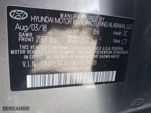 2019 Hyundai Sonata Sport with VIN 5NPE34AF0KH729418, listed as a IAAI auction lot 41799327 with 19,234 mi miles. Bid and sale history available at carsss.com. Image 9.