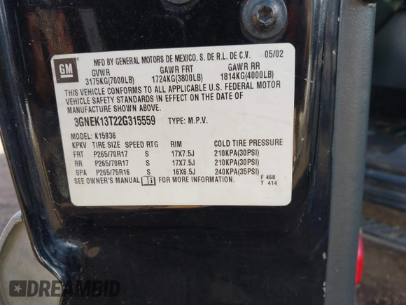 2002 Chevrolet Avalanche z VIN 3GNEK13T22G315559, wystawiony jako IAAI lot #41884458 z przebiegiem 332 266 mil mil oraz . Historia ofert i sprzedaży dostępna na DreamBid. Obrazek 9.