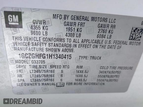2017 Chevrolet Express Cargo with VIN 1GCZGHFG1H1340415, listed as a IAAI auction lot 41475585 with Not provided miles and . Bid and sale history available at DreamBid. Image 9.