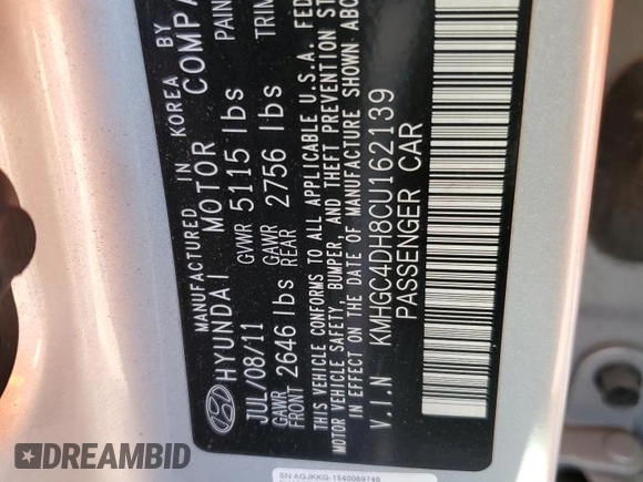 2012 Hyundai Genesis 5.0L R-Spec with VIN KMHGC4DH8CU162139, listed as a Copart auction lot 46874895 with 147,749 mi miles and Clean Title. Bid and sale history available at carsss.com. Image 12.