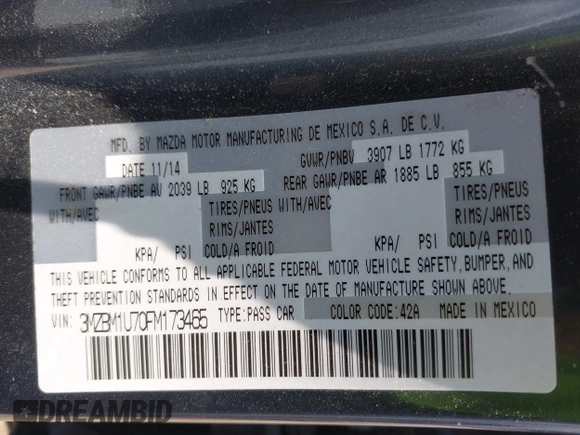 2015 Mazda 3 i Sport with VIN 3MZBM1U70FM173465, listed as a IAAI auction lot 42477601 with 231,159 mi miles and . Bid and sale history available at DreamBid. Image 9.