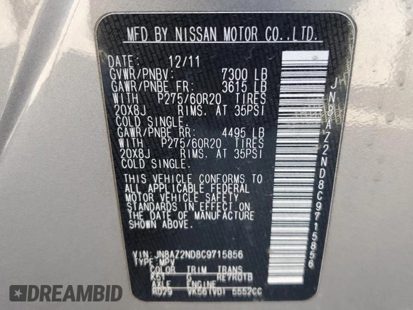 2012 Infiniti QX56 8-passenger with VIN JN8AZ2ND8C9715856, listed as a Copart auction lot 49471125 with 125,346 mi miles and Salvage title. Bid and sale history available at DreamBid. Image 13.