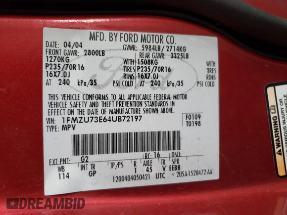 2004 Ford Explorer XLT with VIN 1FMZU73E64UB72197, listed as a Copart auction lot 63050755 with 122,200 mi miles and Salvage title. Bid and sale history available at DreamBid. Image 13.