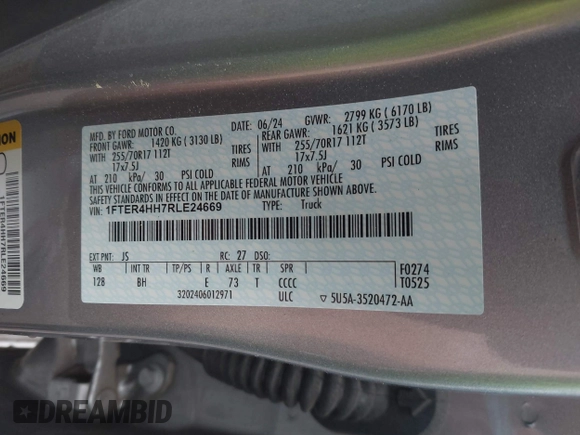 2024 Ford Ranger XLT with VIN 1FTER4HH7RLE24669, listed as a IAAI auction lot 42263062 with 7,832 mi miles and . Bid and sale history available at DreamBid. Image 9.