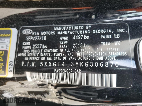 2019 Kia Optima LX z VIN 5XXGT4L38KG306870, wystawiony jako Copart lot #58982325 z przebiegiem 48 421 mil mil oraz Szkoda całkowita • Salvage title. Historia ofert i sprzedaży dostępna na DreamBid. Obrazek 12.