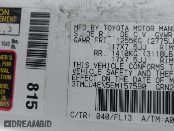 2014 Toyota Tacoma with VIN 3TMLU4EN5EM157590, listed as a IAAI auction lot 41687141 with 111,836 mi miles. Bid and sale history available at carsss.com. Image 9.