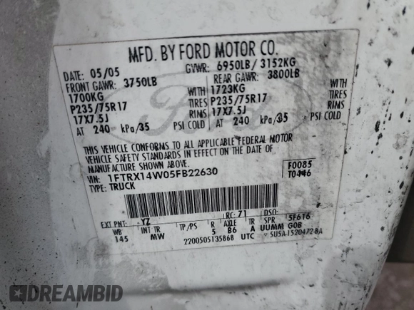 2005 Ford F-150 STX with VIN 1FTRX14W05FB22630, listed as a Copart auction lot 49923345 with Not Provided miles and Non Repairable. Bid and sale history available at carsss.com. Image 12.