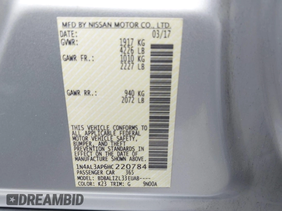 2017 Nissan Altima SR with VIN 1N4AL3AP6HC220784, listed as a IAAI auction lot 42085597 with 80,589 mi miles and . Bid and sale history available at DreamBid. Image 9.