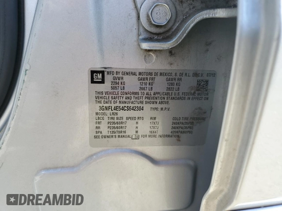 2012 Chevrolet Captiva Sport LTZ with VIN 3GNFL4E54CS642304, listed as a Copart auction lot 72623484 with 114,554 mi miles and Salvage Title. Bid and sale history available at DreamBid. Image 12.