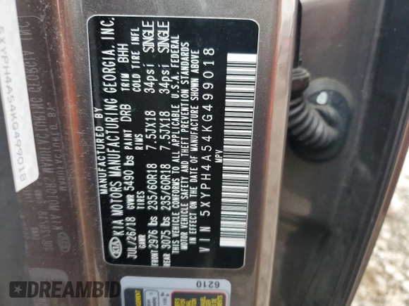 2019 Kia Sorento EX with VIN 5XYPH4A54KG499018, listed as a Copart auction lot 46420925 with 28,271 mi miles and Salvage Title. Bid and sale history available at carsss.com. Image 15.