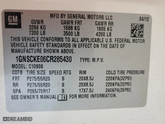 2012 Chevrolet Suburban LTZ with VIN 1GNSCKE06CR285430, listed as a Copart auction lot 54197795 with 307,217 mi miles and Clean Title. Bid and sale history available at carsss.com. Image 13.