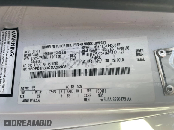 2012 Ford Econoline Cargo with VIN 1FDFE4FS3CDA26905, listed as a Copart auction lot 46358815 with 108,375 mi miles and Clean Title. Bid and sale history available at DreamBid. Image 10.