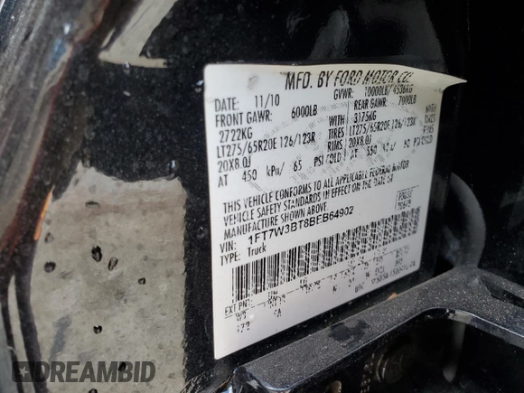 2011 Ford F-350 Platinum z VIN 1FT7W3BT8BEB64902, wystawiony jako Copart lot #56535685 z przebiegiem 162 179 mil mil oraz Szkoda całkowita • Salvage title. Historia ofert i sprzedaży dostępna na DreamBid. Obrazek 12.