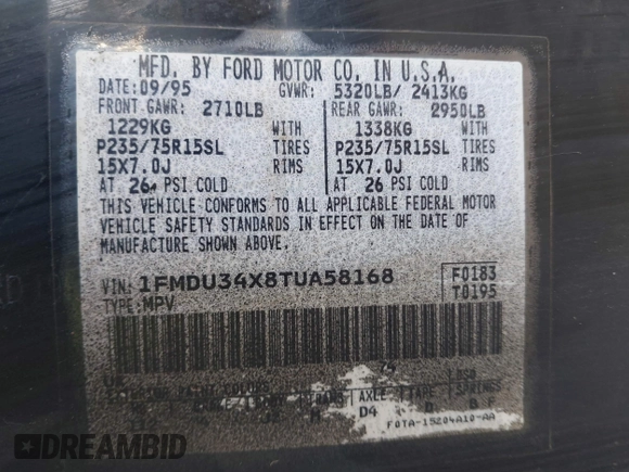1996 Ford Explorer XL z VIN 1FMDU34X8TUA58168, wystawiony jako IAAI lot #41423645 z przebiegiem 121 839 mil mil oraz . Historia ofert i sprzedaży dostępna na DreamBid. Obrazek 9.