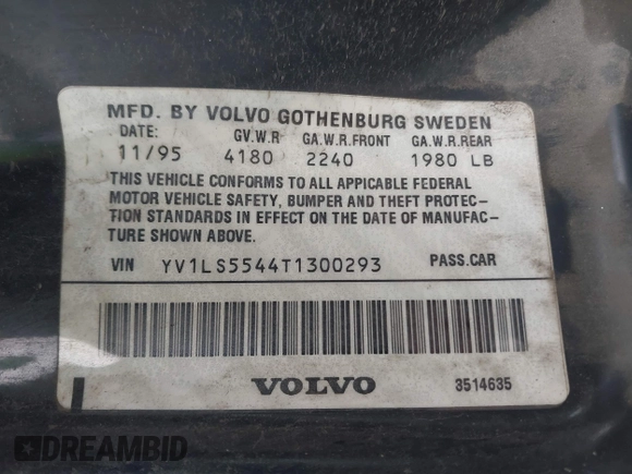 1996 Volvo S70 with VIN YV1LS5544T1300293, listed as a IAAI auction lot 41813564 with 187,746 mi miles. Bid and sale history available at carsss.com. Image 9.