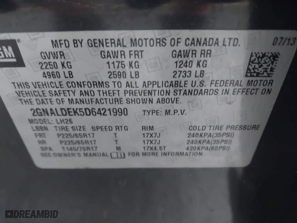 2013 Chevrolet Equinox LT with VIN 2GNALDEK5D6421990, listed as a IAAI auction lot 41937726 with 155,733 mi miles. Bid and sale history available at carsss.com. Image 9.