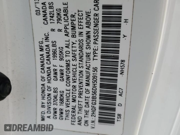 2013 Honda Civic Cpe LX with VIN 2HGFG3B56DH509156, listed as a Copart auction lot 52048035 with 72,491 mi miles and Salvage Title. Bid and sale history available at carsss.com. Image 12.