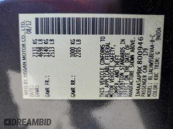 2013 Nissan Maxima SV with VIN 1N4AA5AP9DC800946, listed as a Copart auction lot 53833615 with 157,658 mi miles and Salvage Title. Bid and sale history available at DreamBid. Image 12.
