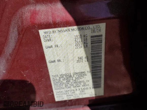 2015 Nissan Altima SL with VIN 1N4AL3AP1FN335603, listed as a Copart auction lot 53728445 with 188,907 mi miles and Salvage Title. Bid and sale history available at DreamBid. Image 12.